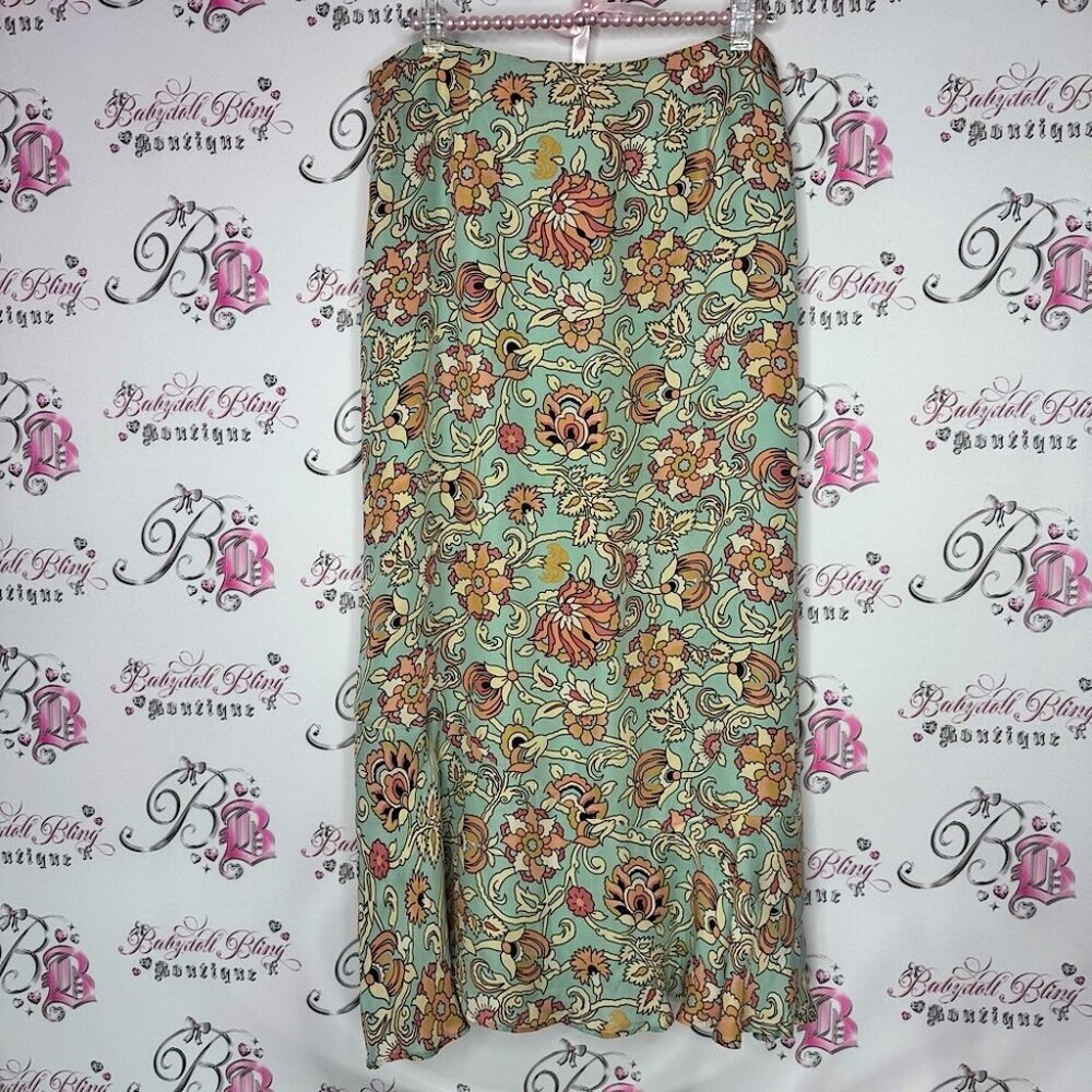 Harold’s skirt silk floral orange blue cream Print Women's Skirt long fairy hem